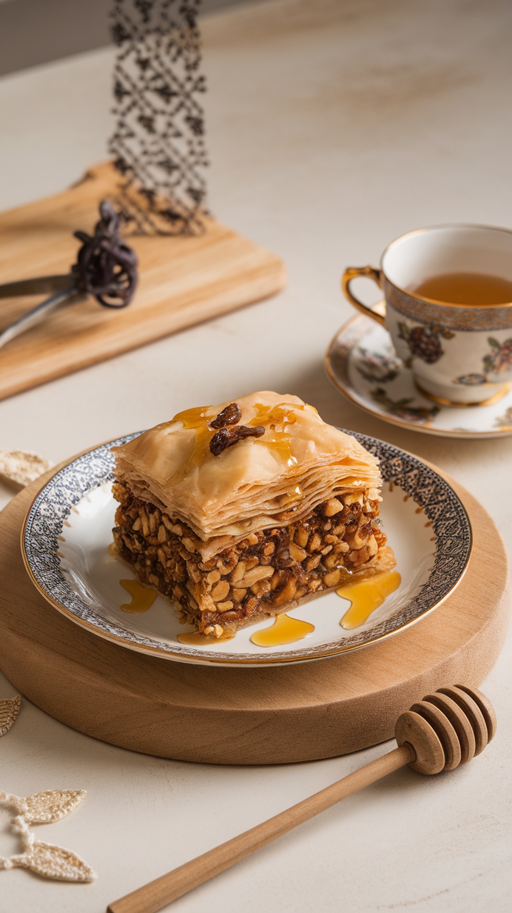 A delicious slice of baklava drizzled with honey, served on a decorative plate.