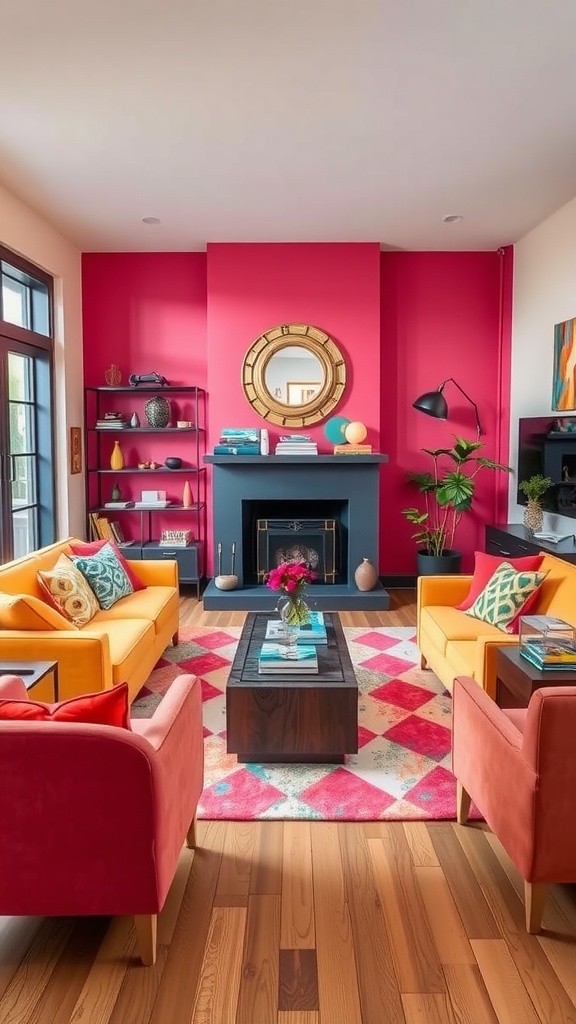 A funky living room featuring bold color combinations with yellow and pink sofas, a colorful rug, and a vibrant pink wall.