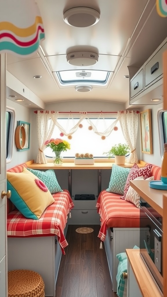 Colorful small camper interior with bright cushions, throws, and accessories.