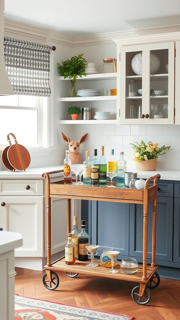 A charming wooden bar cart with assorted bottles and glassware in a coastal kitchen setting.