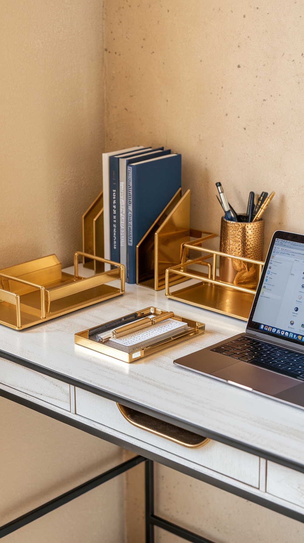 A chic desk featuring gold accent organizers, with books and office supplies arranged neatly.
