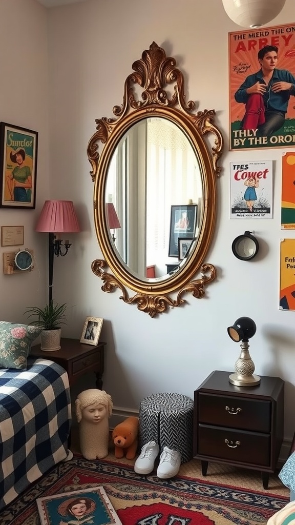 A chic vintage teen girl bedroom featuring a gold-framed mirror, colorful posters, checkered bedding, and playful decor.