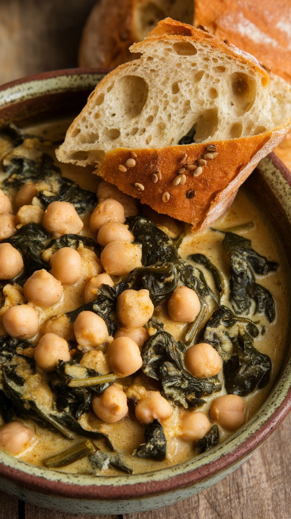 A bowl of chickpea and spinach stew with crusty bread on the side.