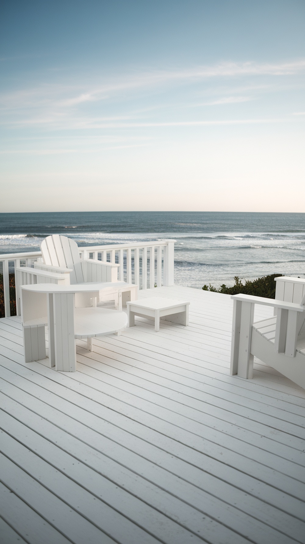 White patio deck overlooking the ocean with Adirondack chairs