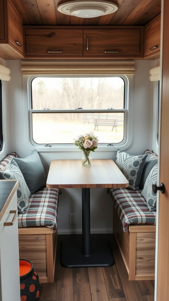 Cozy camper dining nook with plaid cushions and a flower centerpiece