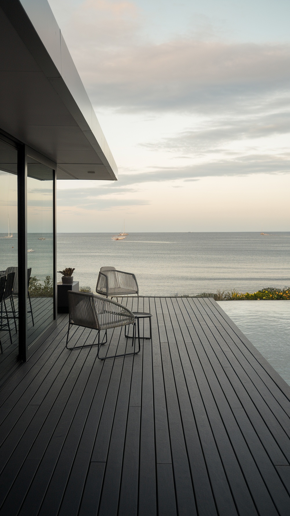 Modern patio with cool charcoal deck overlooking the ocean