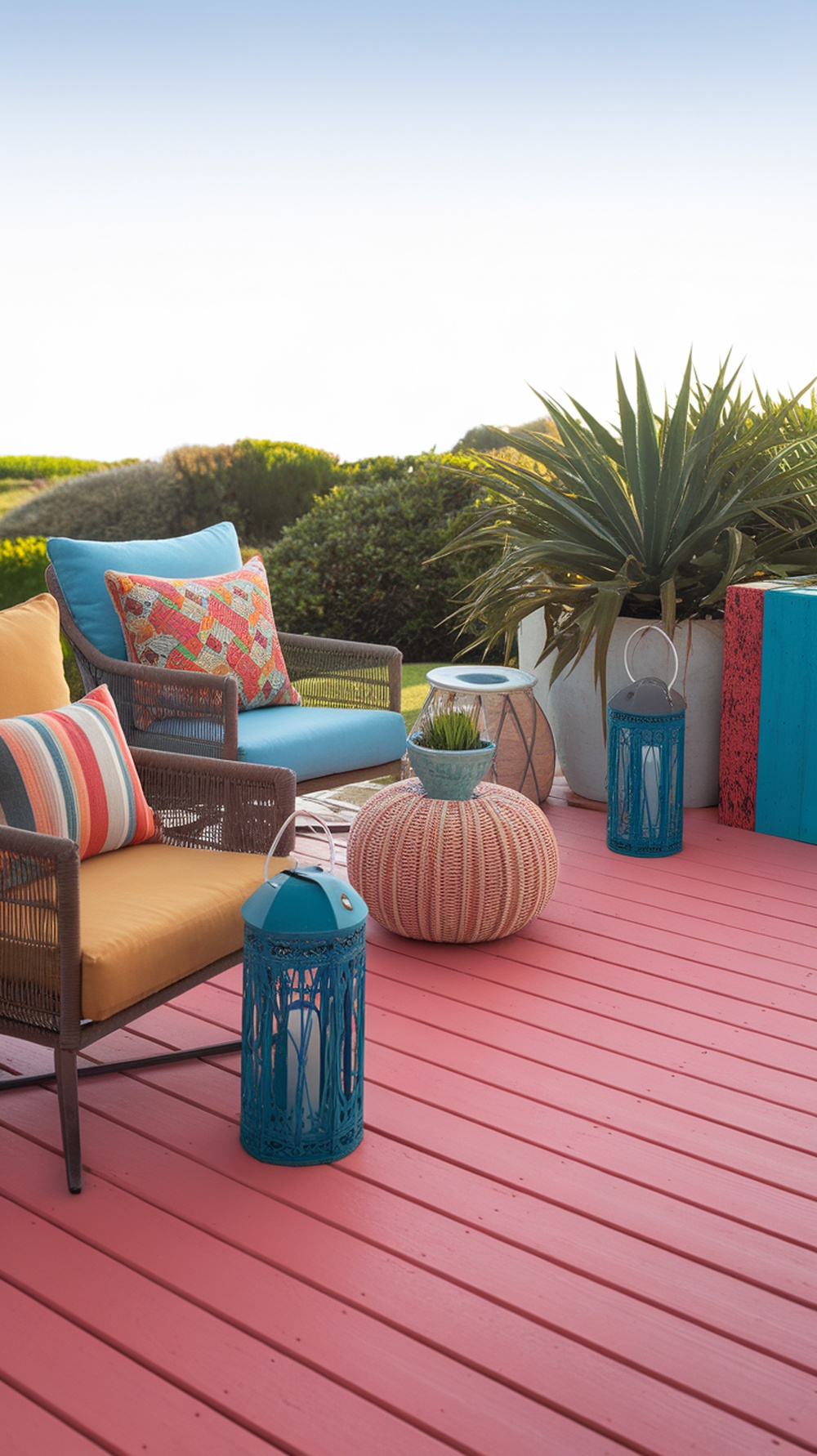 A coastal-inspired patio with coral pink deck stain, vibrant cushions, and decorative lanterns.