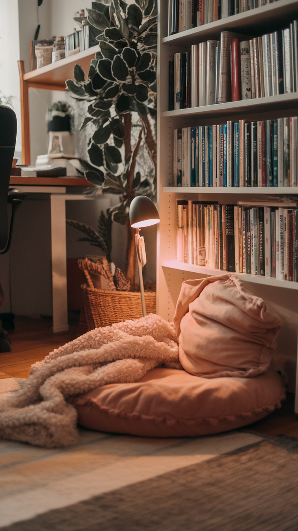 A cozy reading nook featuring a plush floor pillow, a soft blanket, and a stylish lamp beside a bookshelf.