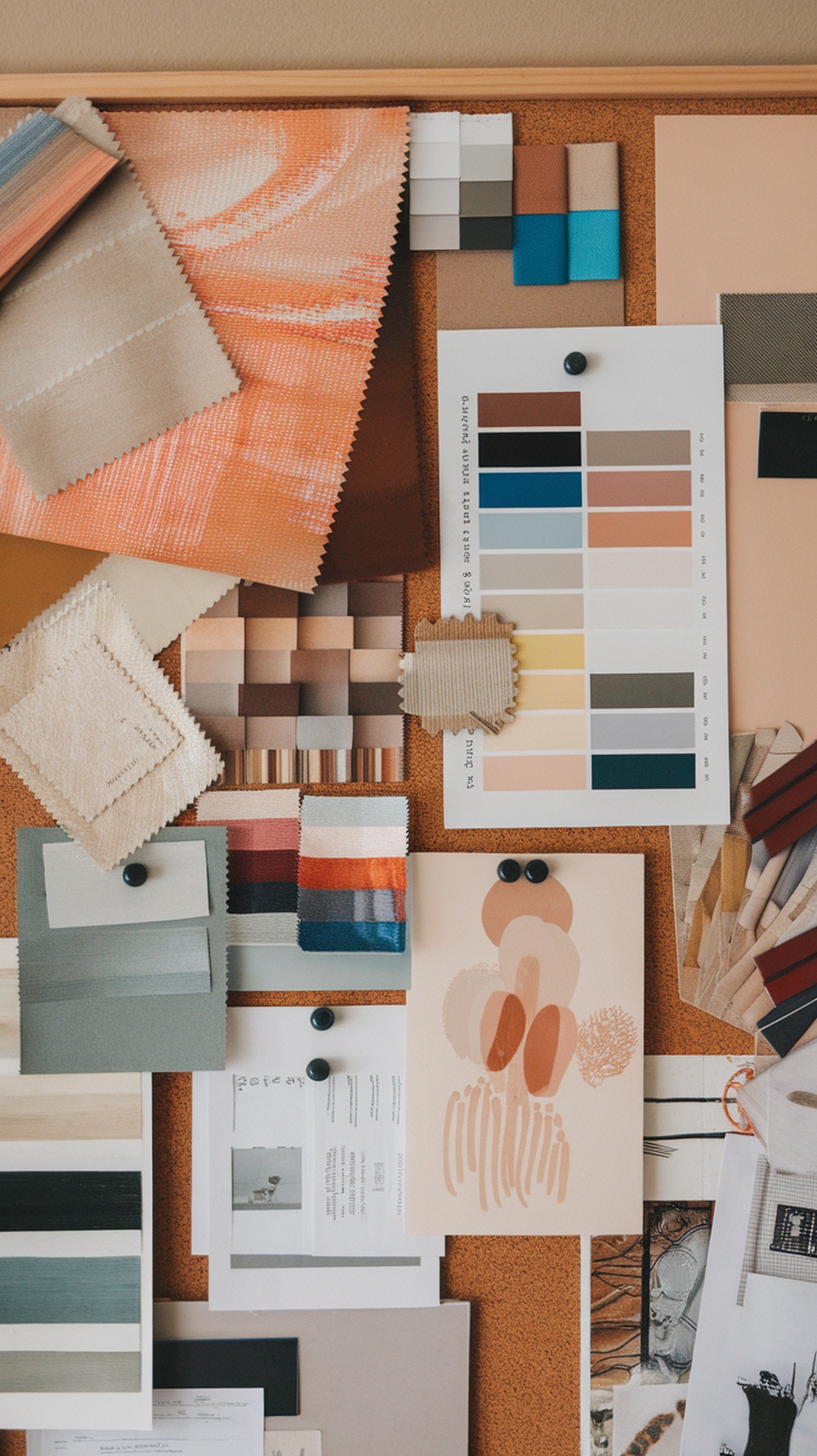 A creative mood board filled with fabric swatches, color palettes, and artistic prints pinned to a corkboard.