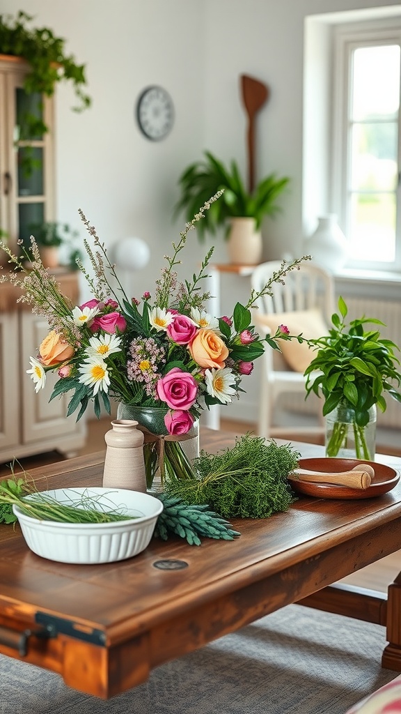A rustic farmhouse living room with a wooden table featuring a bouquet of flowers and fresh herbs.