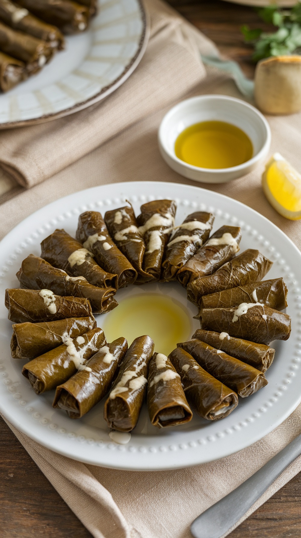 Plate of dolmades stuffed grape leaves arranged in a circular pattern with a bowl of olive oil and lemon wedge.