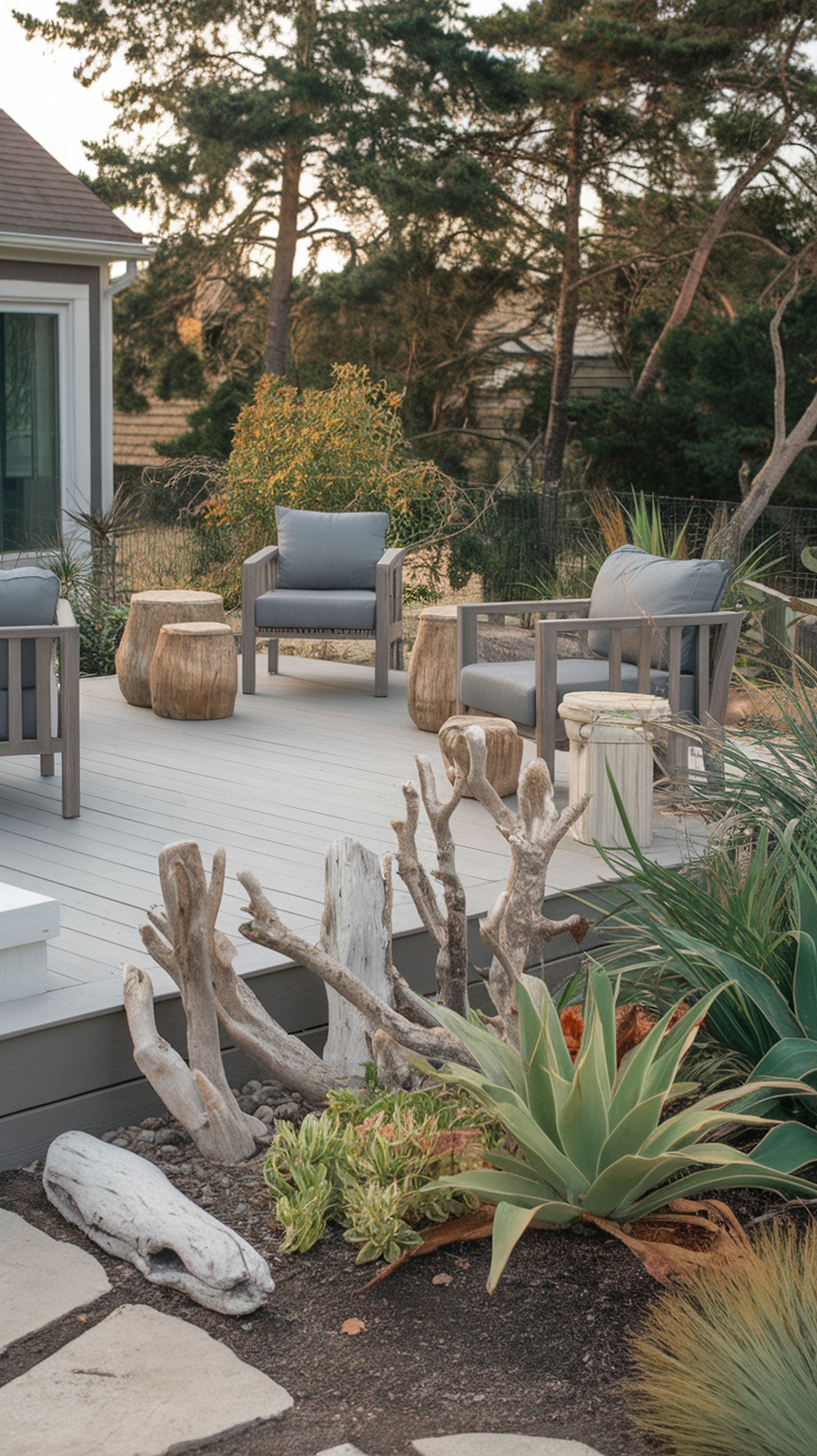 Coastal-inspired patio with Driftwood Gray deck and rustic furniture