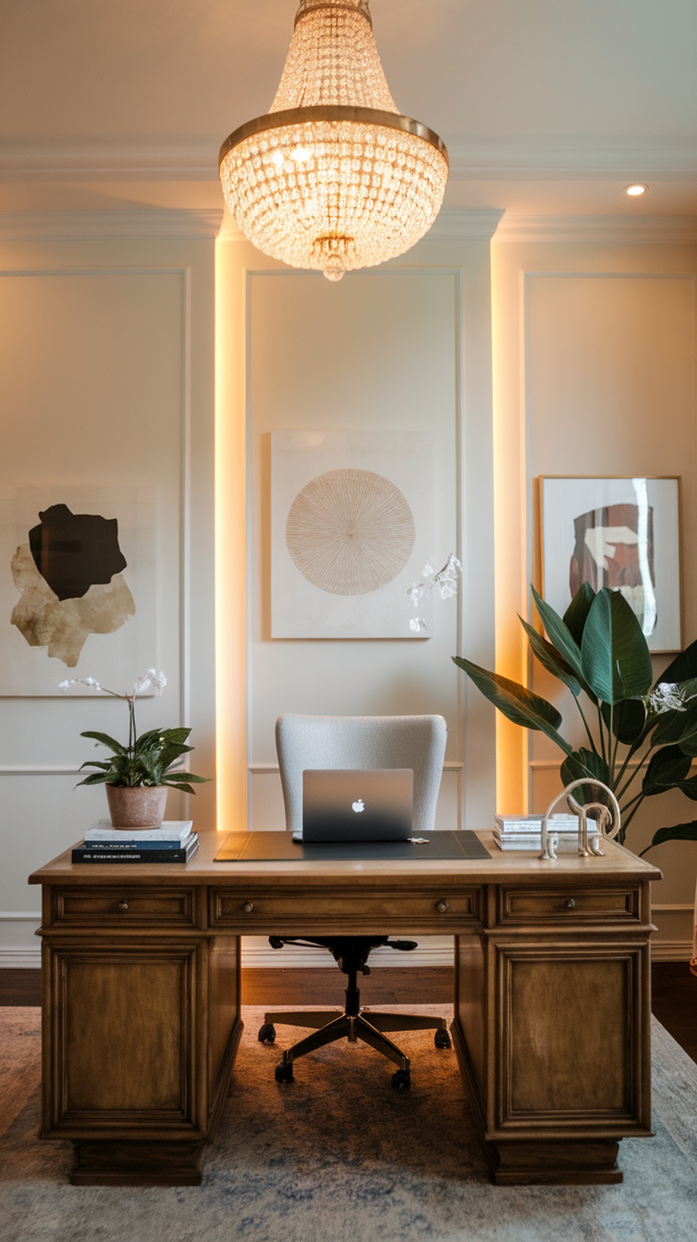 Home office with a crystal chandelier and modern decor.