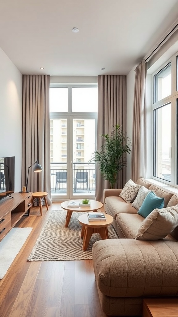 Cozy living area with multi-purpose furniture and a bright atmosphere