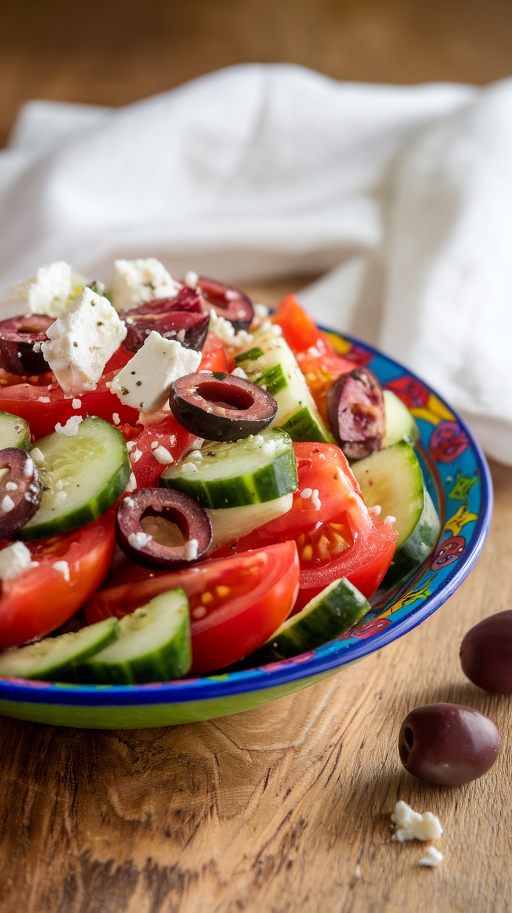 A colorful Greek salad with tomatoes, cucumbers, olives, and feta cheese in a bowl.