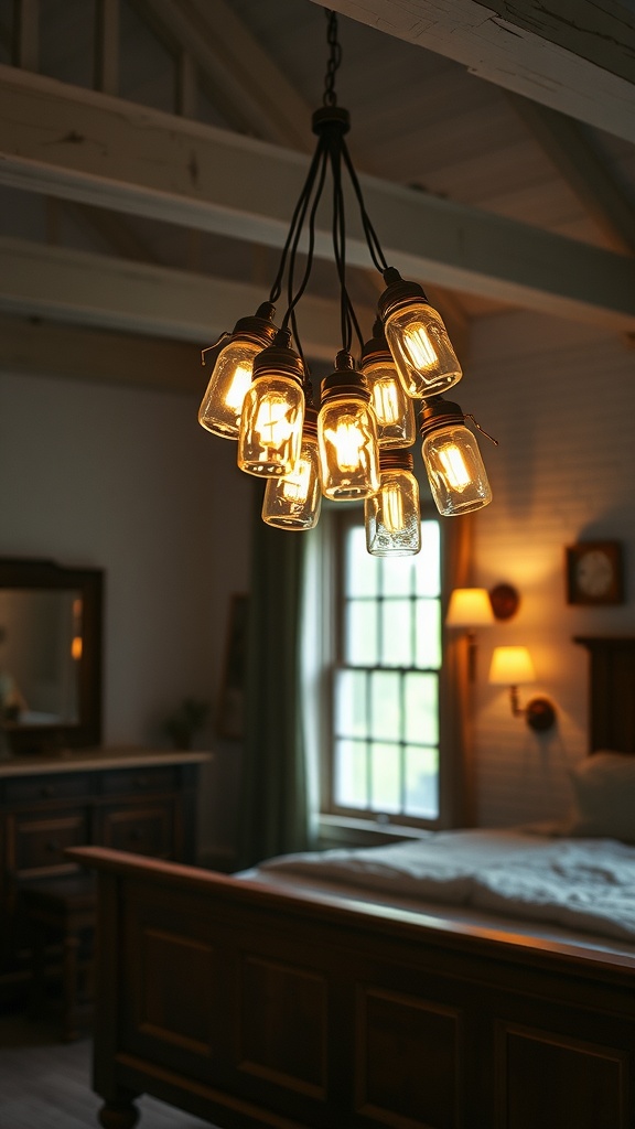 Hanging mason jar lights in a cozy farmhouse bedroom