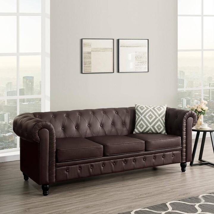 Round Arm Faux Leather Rectangle Chesterfield Sofa