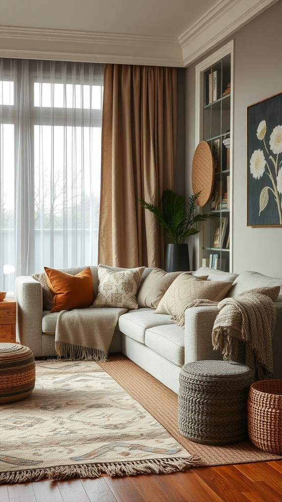 A cozy living room with a gray sofa adorned with various cushions, a throw blanket, and a patterned rug, featuring natural materials and warm lighting.