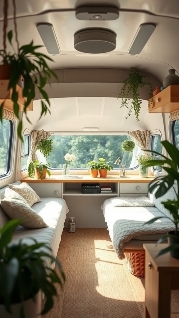 A cozy camper interior decorated with various lush indoor plants, featuring two beds, natural light, and wooden shelves.