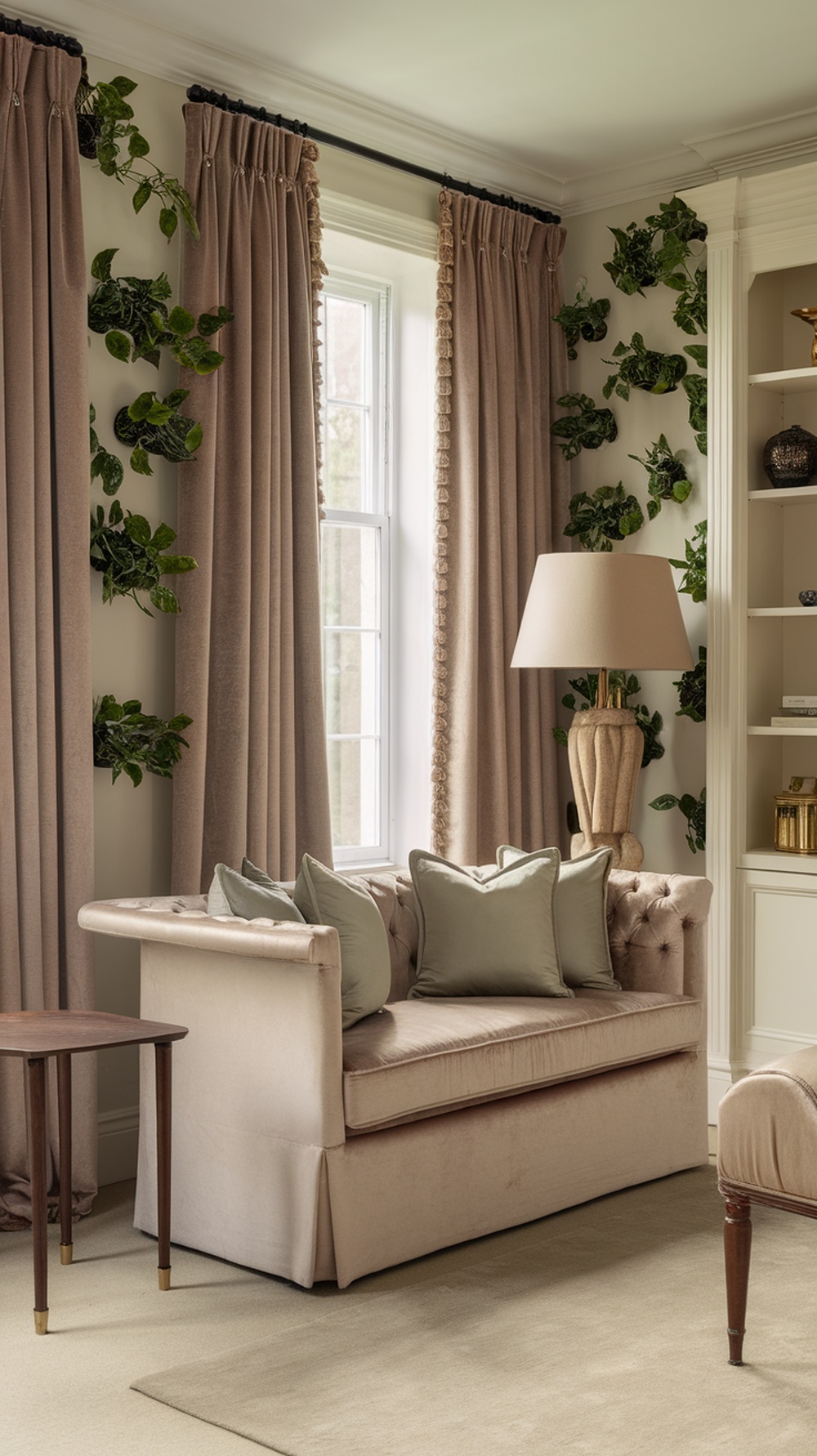 A stylish home office featuring a velvet sofa, silk curtains, and greenery.