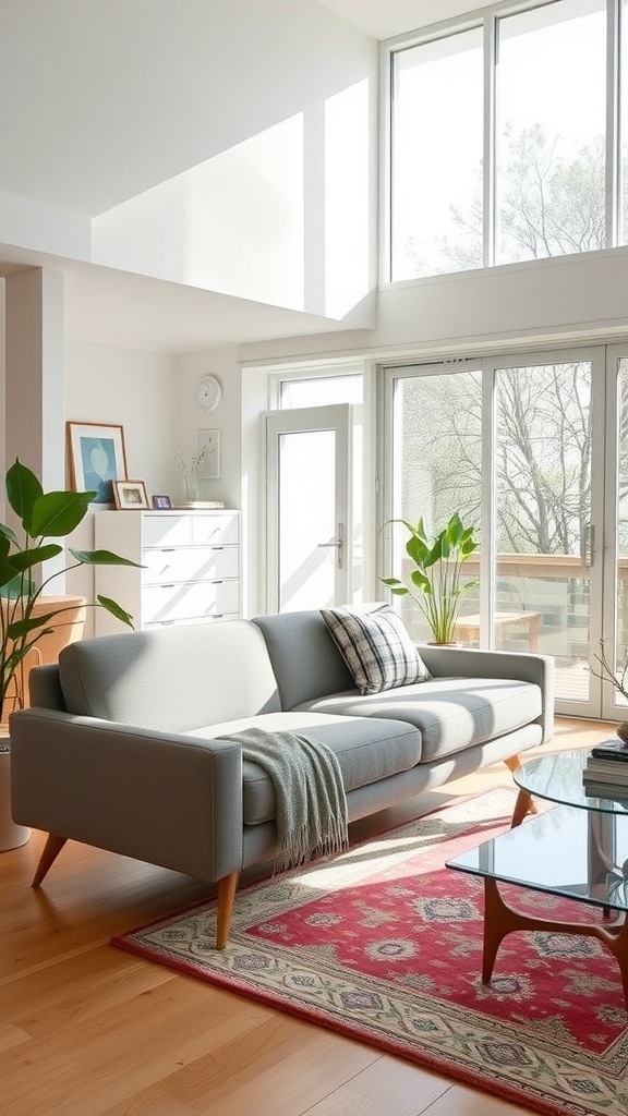 A mid-century modern sofa with a caramel color and button-tufted backrest, placed in a sunlit room with large windows.