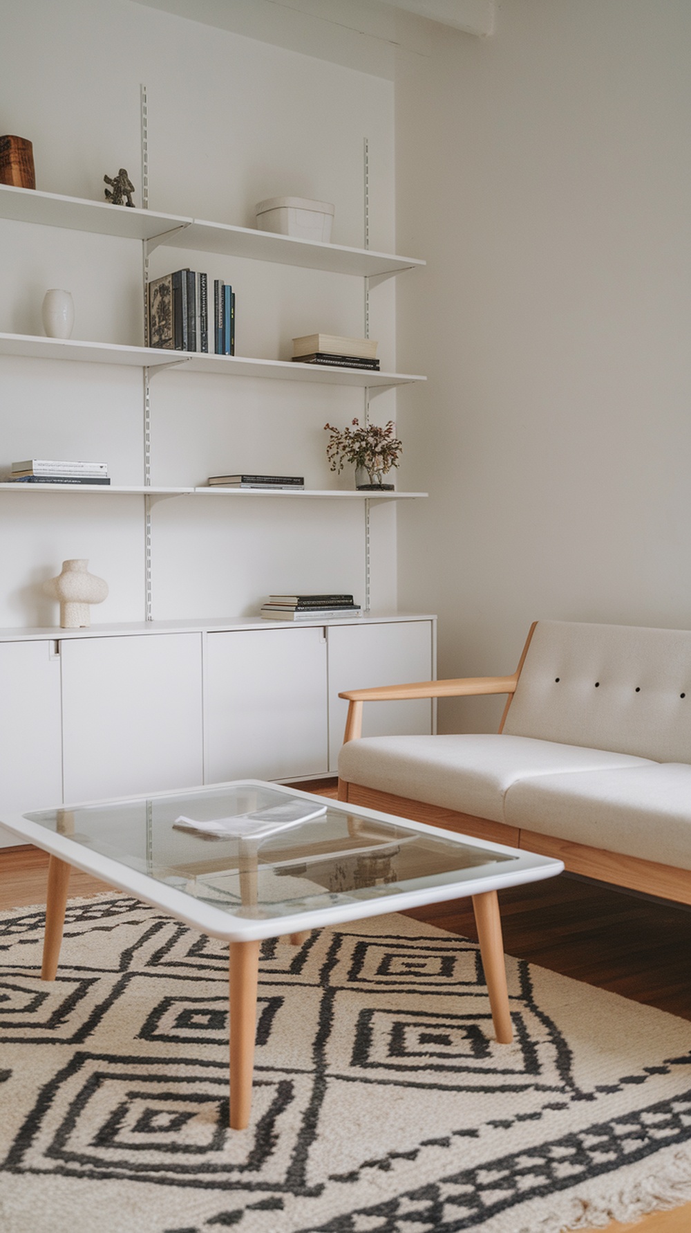 Minimalist Scandinavian style living room with a light sofa, wooden frame, glass coffee table, and neutral decor.