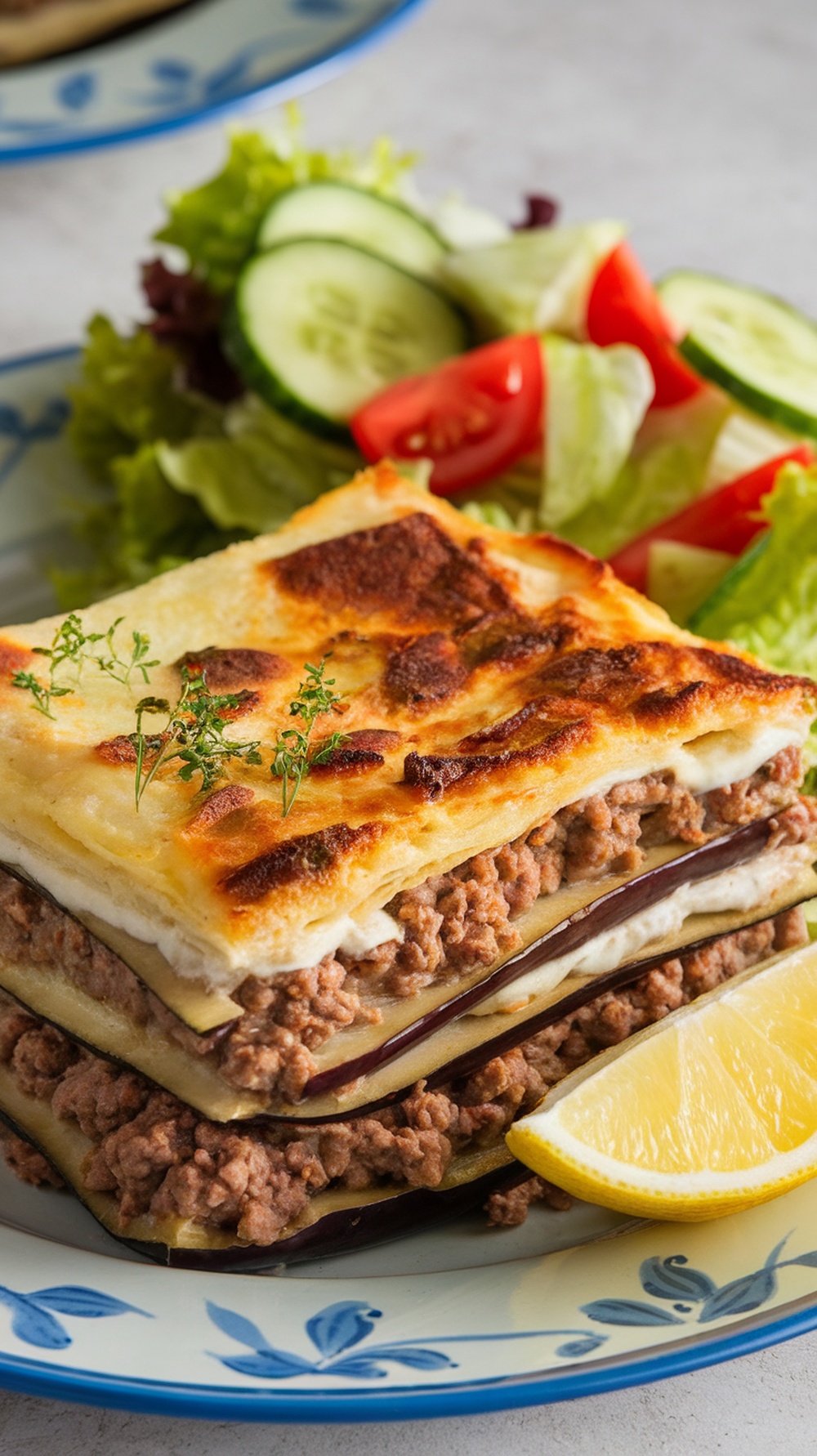 A delicious serving of Moussaka with layers of eggplant and minced meat, garnished with herbs and served with a side salad.