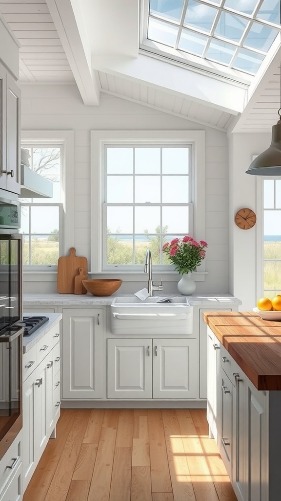 Bright coastal kitchen with large windows and skylight, featuring white cabinetry and wooden countertops.
