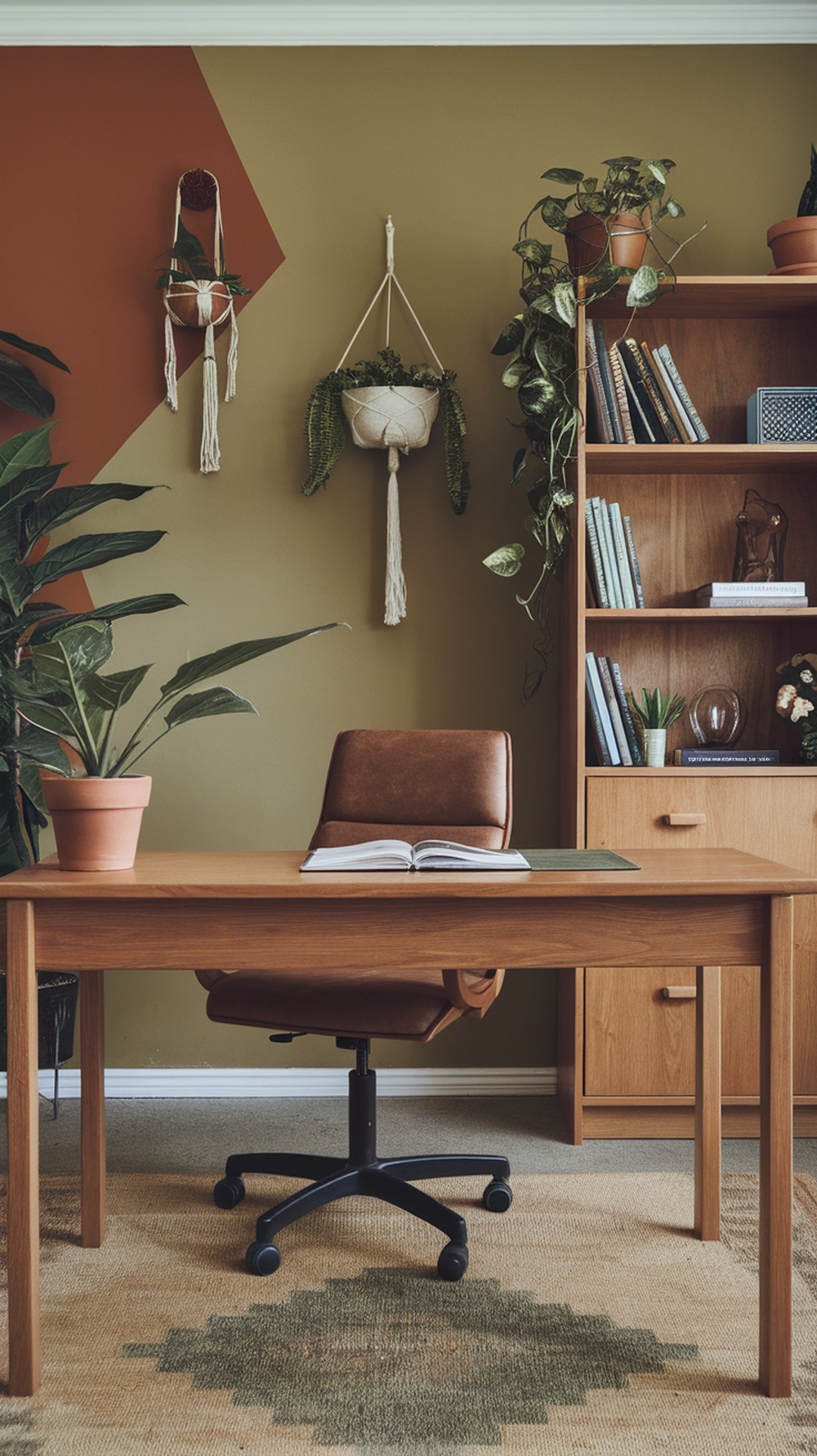 A cozy home office space featuring a wooden desk, a comfortable chair, and various plants decorating the walls and desk.