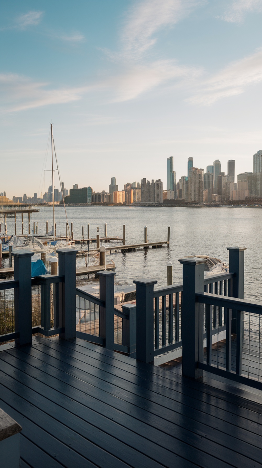 A scenic view of a marina with a navy stained deck overlooking boats and a city skyline.