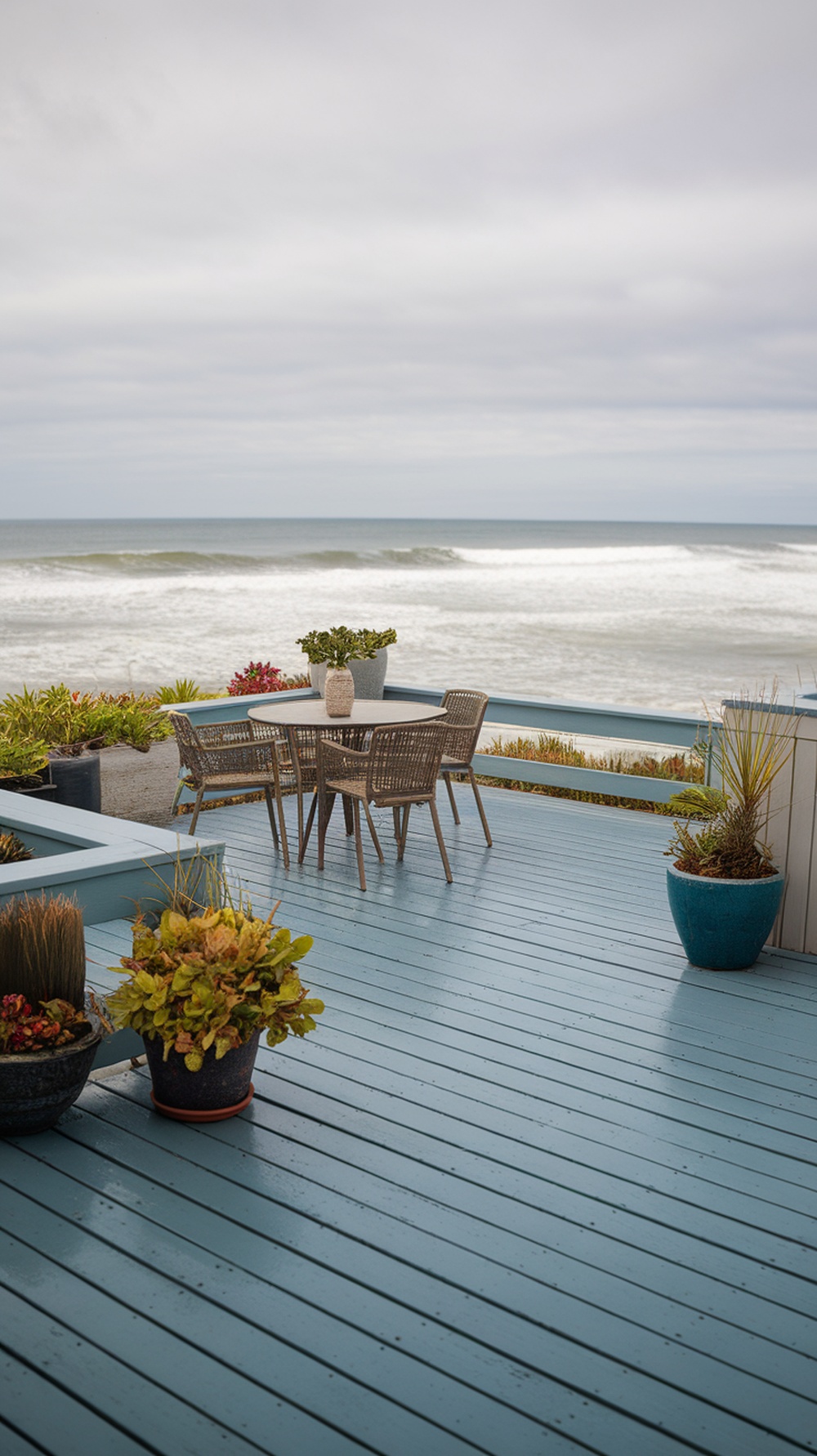A serene ocean blue deck with a round table and potted plants, overlooking a beach view.