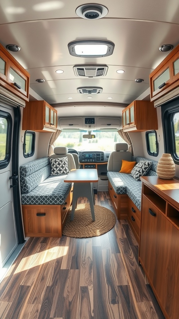Interior of a stylish small camper featuring an open floor plan with cozy seating, a central table, and warm wood accents.