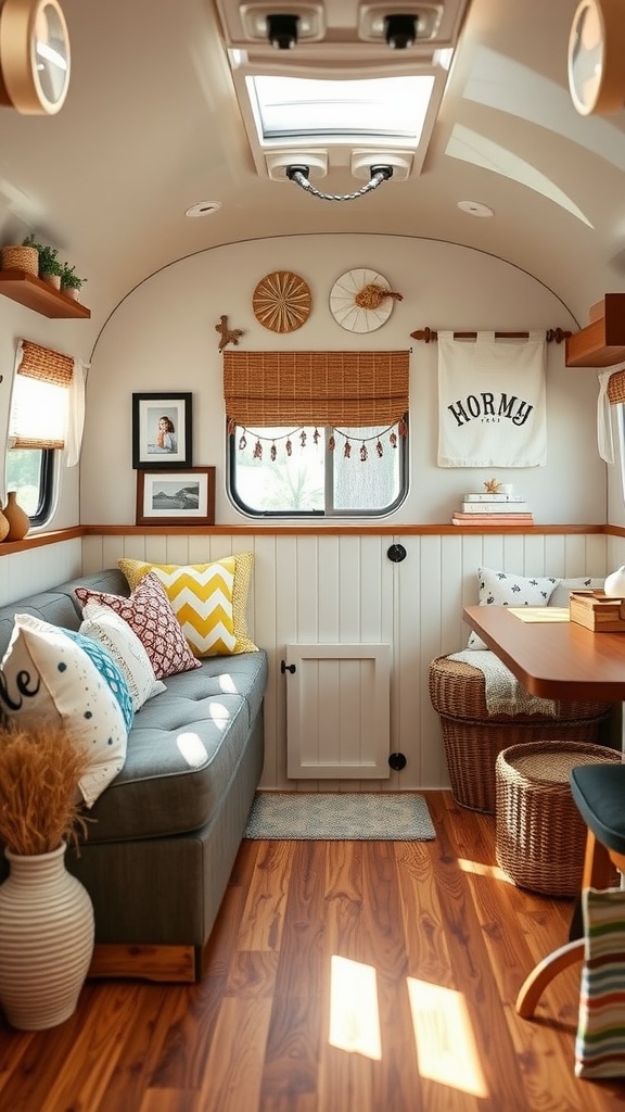 Cozy small camper interior with gray sofa, colorful cushions, and decorative elements.