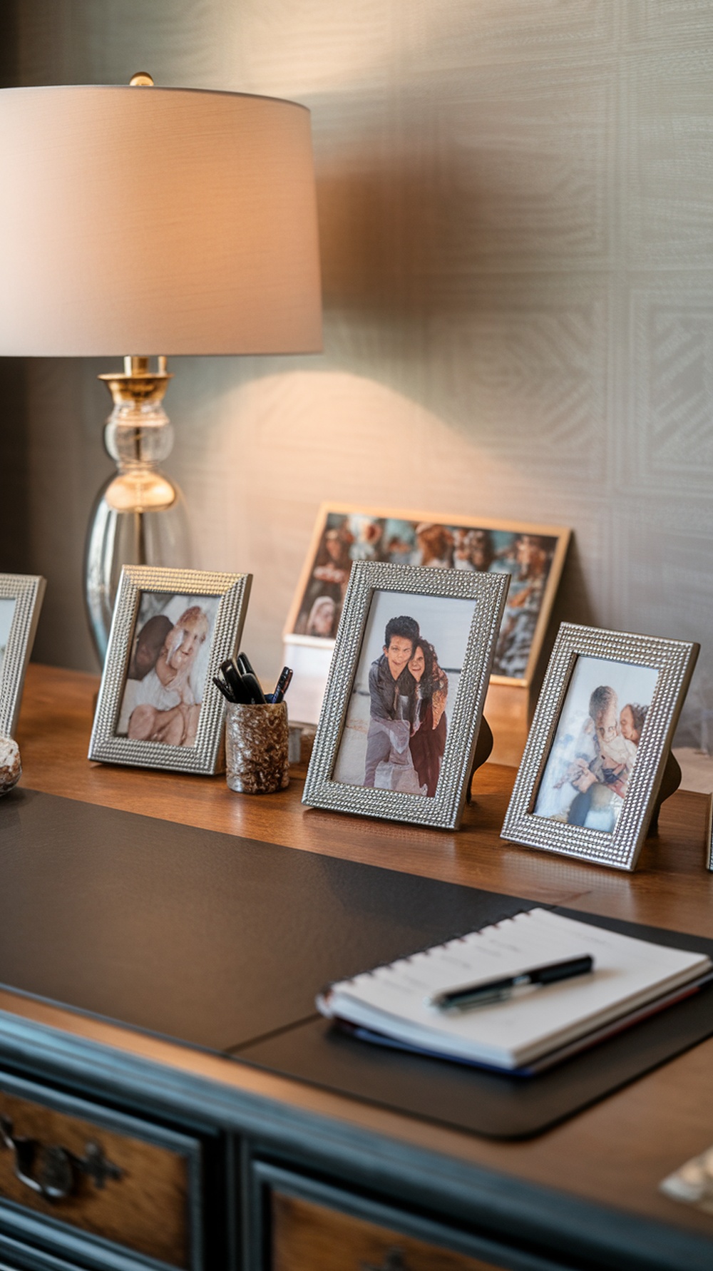 A home office desk with family photos in elegant frames, a stylish lamp, and a notebook with a pen.