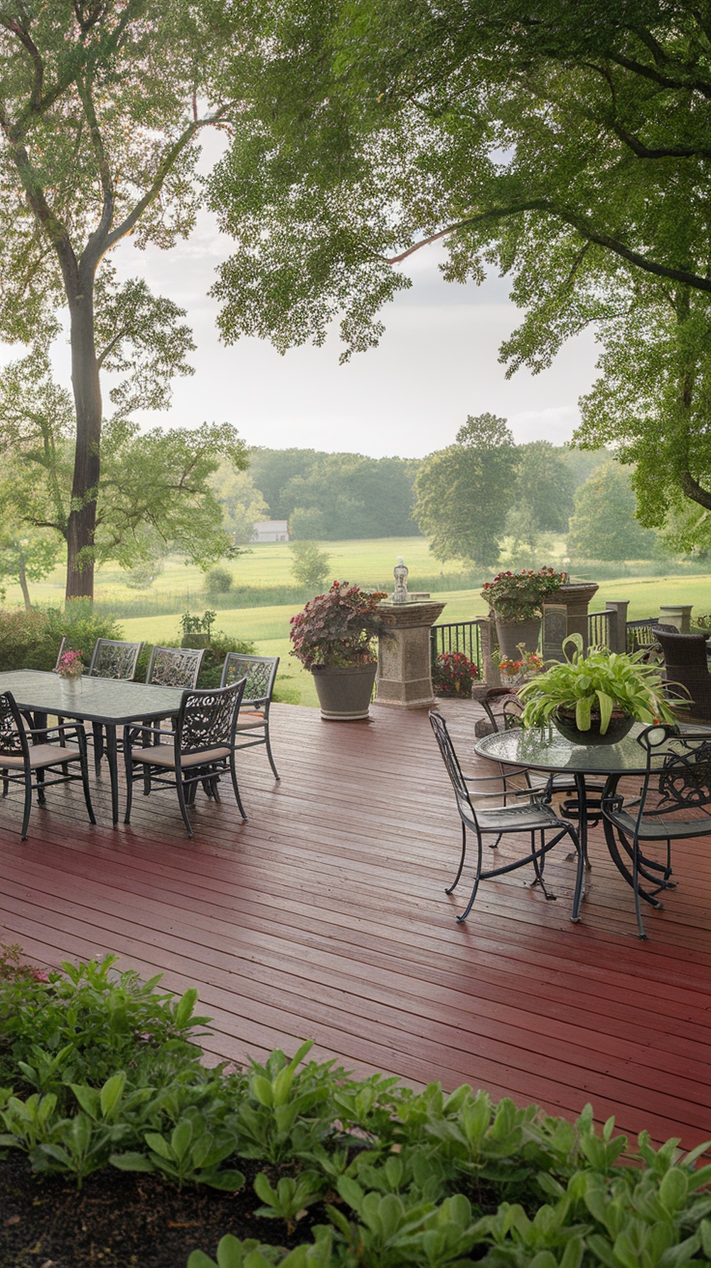 A beautiful outdoor patio deck stained in rich mahogany, surrounded by greenery and elegant seating.
