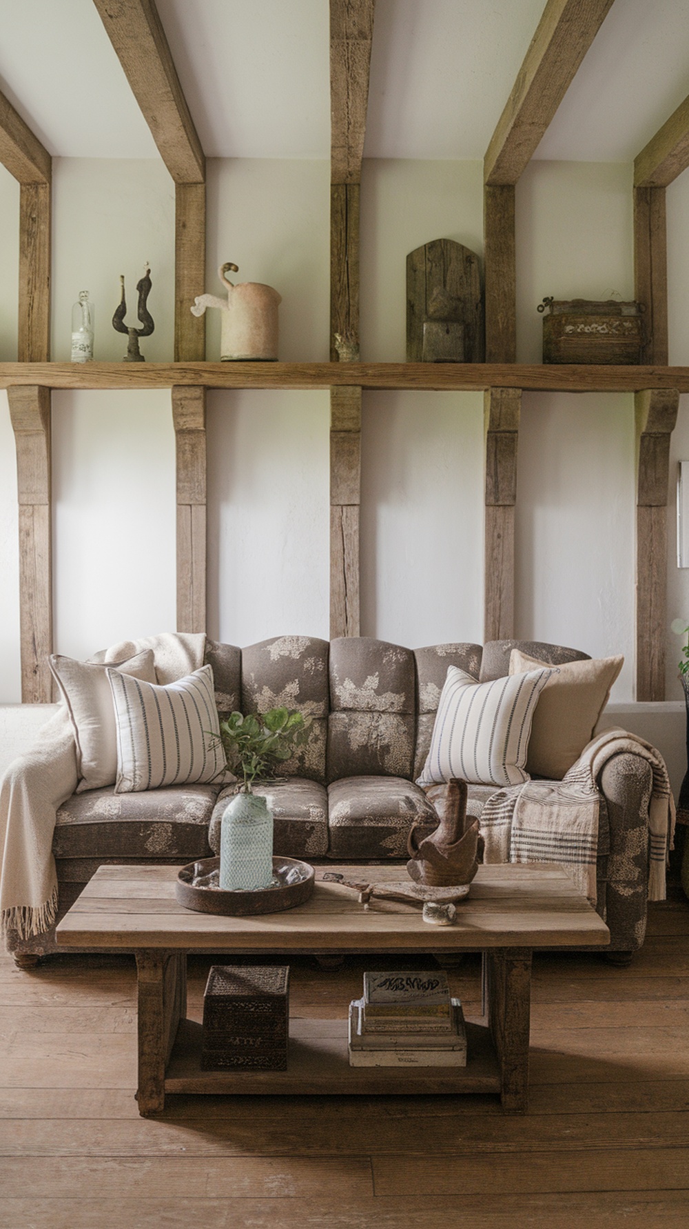 A cozy living room with a rustic sofa, wooden coffee table, and charming decor.