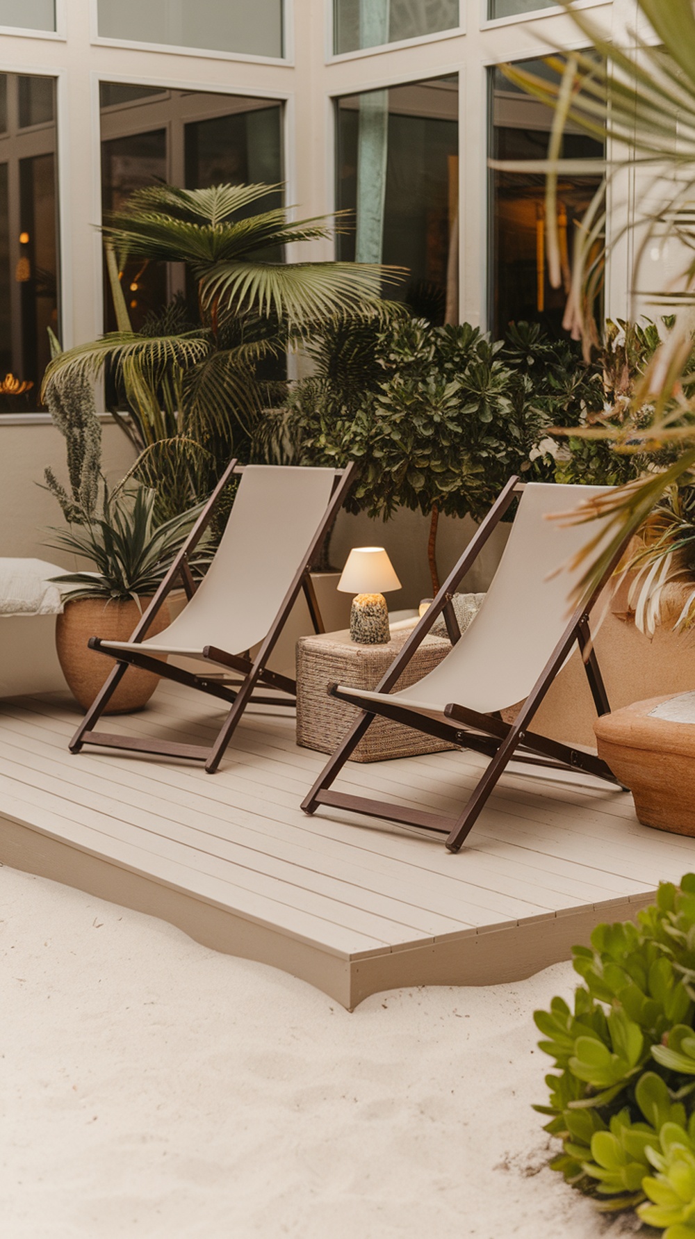 Cozy patio with sandy beige decking, green plants, and reclining chairs.