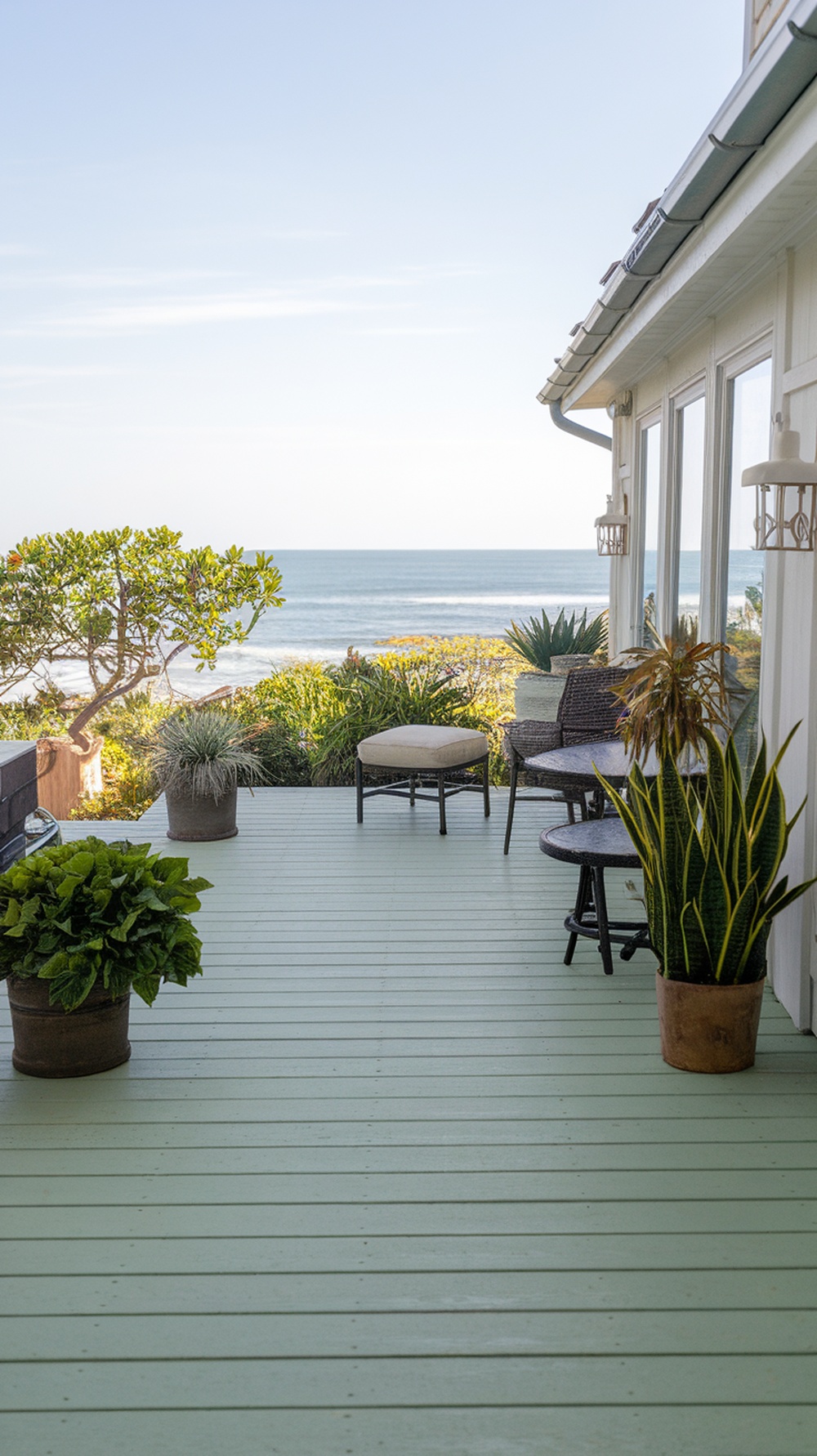 A coastal patio deck stained in seafoam green with seating and ocean view