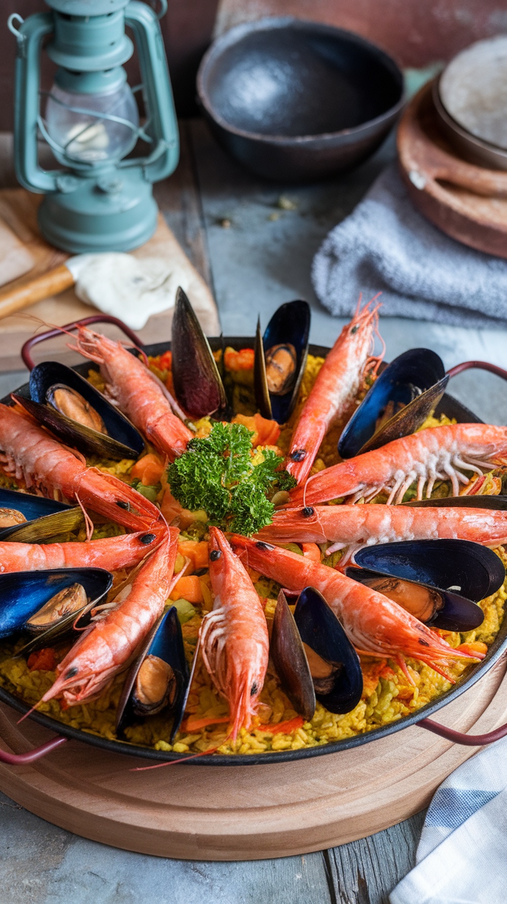 A vibrant seafood paella filled with shrimp, mussels, and colorful vegetables.