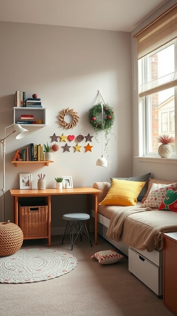 A cozy teen girl's bedroom with seasonal decor, featuring a desk, a comfortable sofa, and decorative elements like stars and a wreath.
