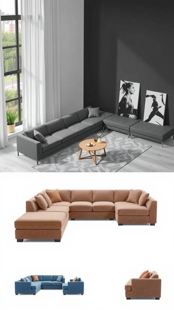 A stylish modular sofa system in a living room, featuring colorful cushions arranged in a unique layout.