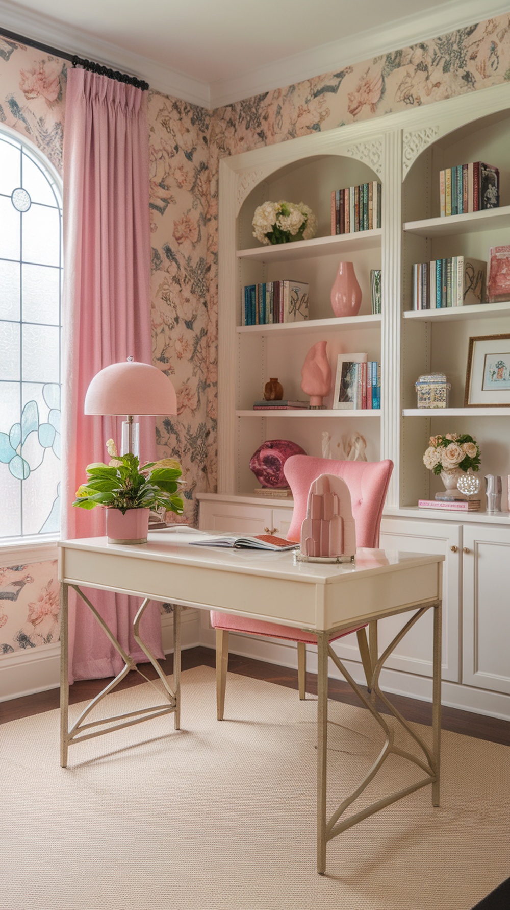 A cozy home office featuring soft pastels and floral accents with a stylish desk and pink chair.
