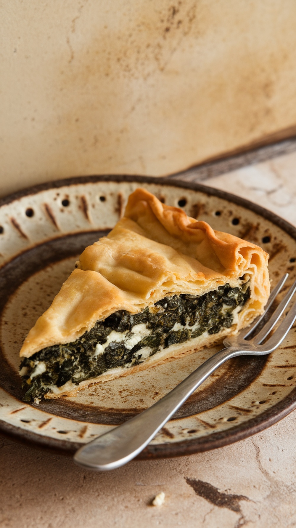 A slice of spanakopita on a plate, showcasing flaky phyllo pastry and green filling.