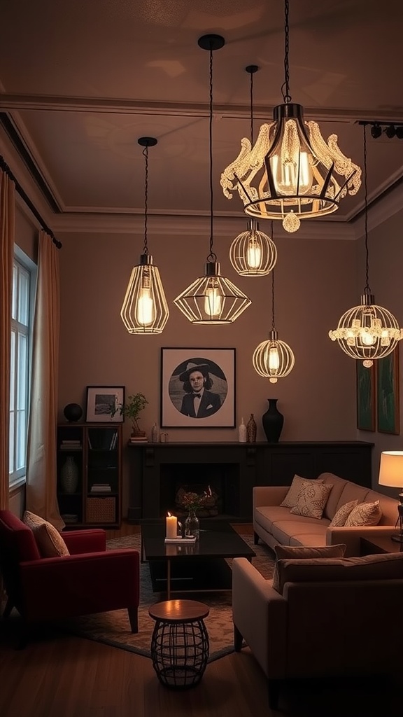 A cozy living room featuring unique hanging light fixtures in various shapes and styles, creating a warm atmosphere.