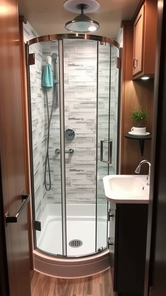 Stylish small camper bathroom with glass shower enclosure and modern fixtures