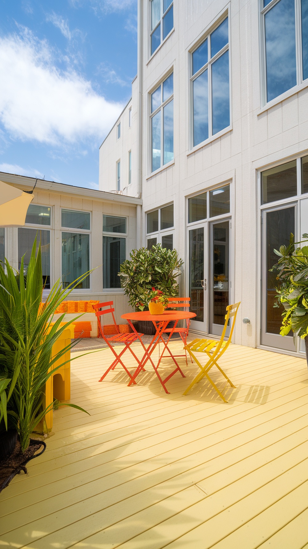 A bright yellow deck with orange and red patio furniture surrounded by green plants.