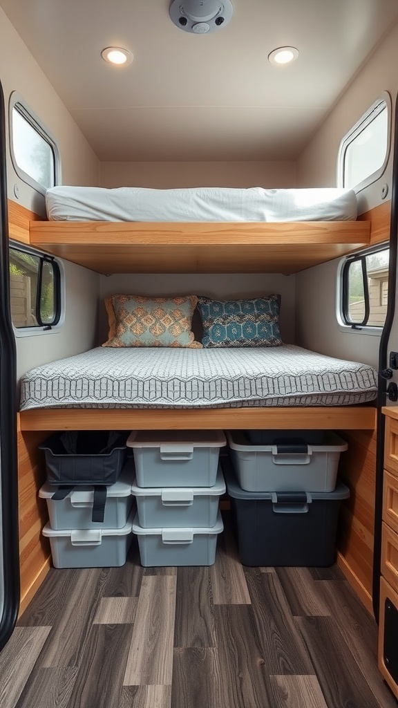 A small camper interior showcasing an elevated bed with colorful pillows and organized under-bed storage bins.