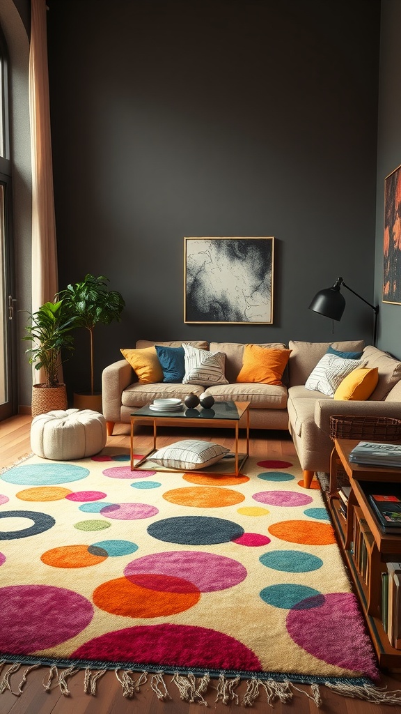 A stylish living room featuring a colorful rug with circles, dark walls, and a cozy sofa.