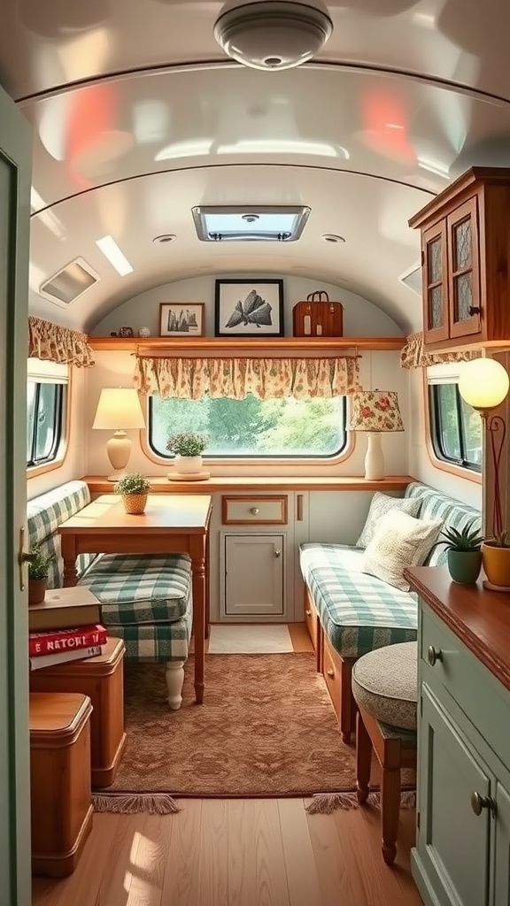 Interior of a vintage camper with cozy seating, a small dining area, and warm wood accents