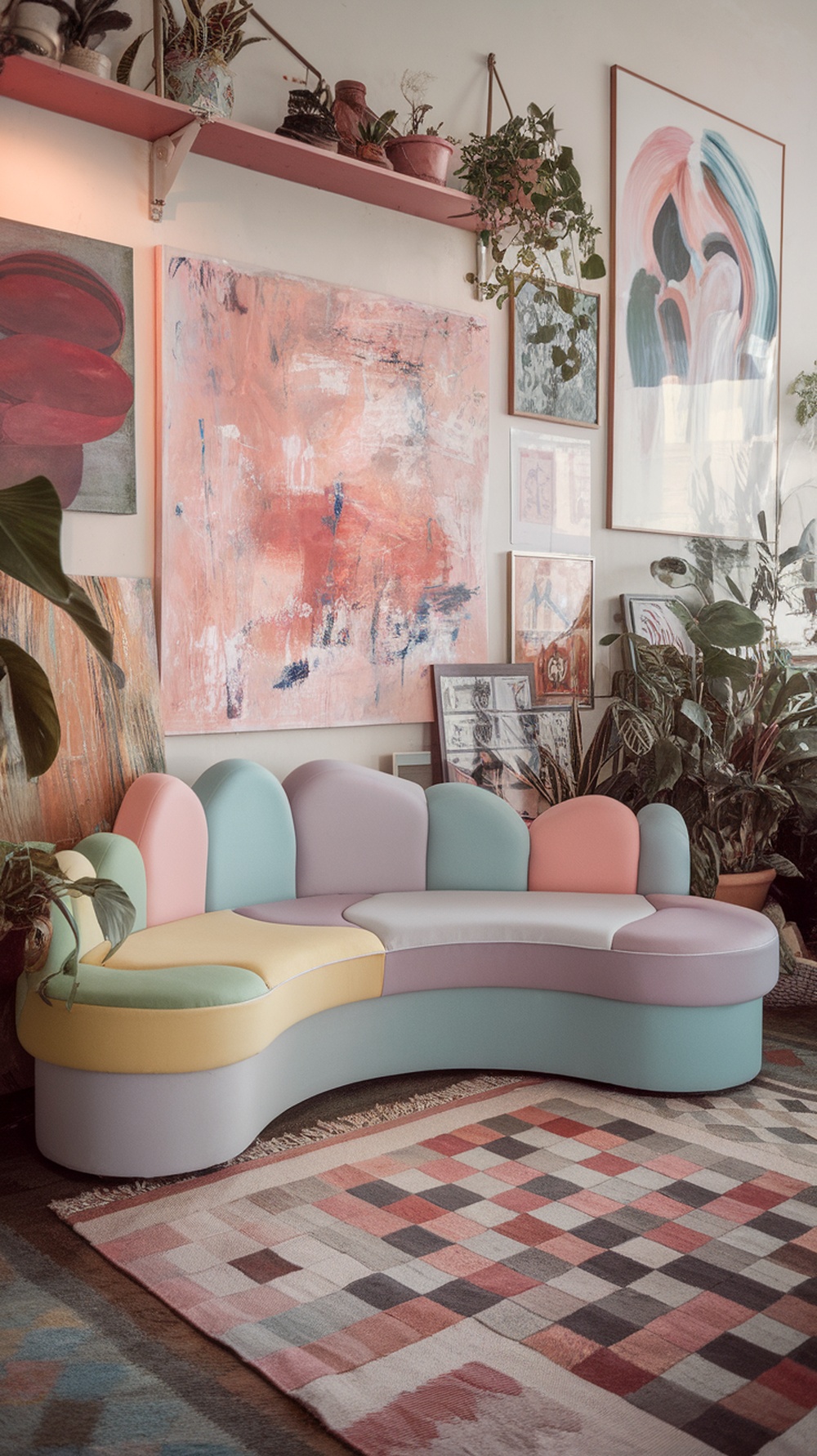 A whimsical curved sofa in pastel colors, set in a modern living room with plants and art on the walls.